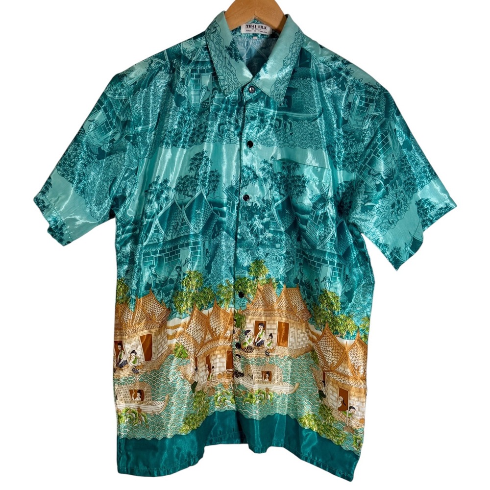 Thai Silk Men's Scenic Asian Village Short Sleeve Button Down Shirt Blue medium
